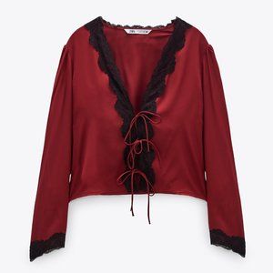 Zara Red Blouse with Black Lace Trim